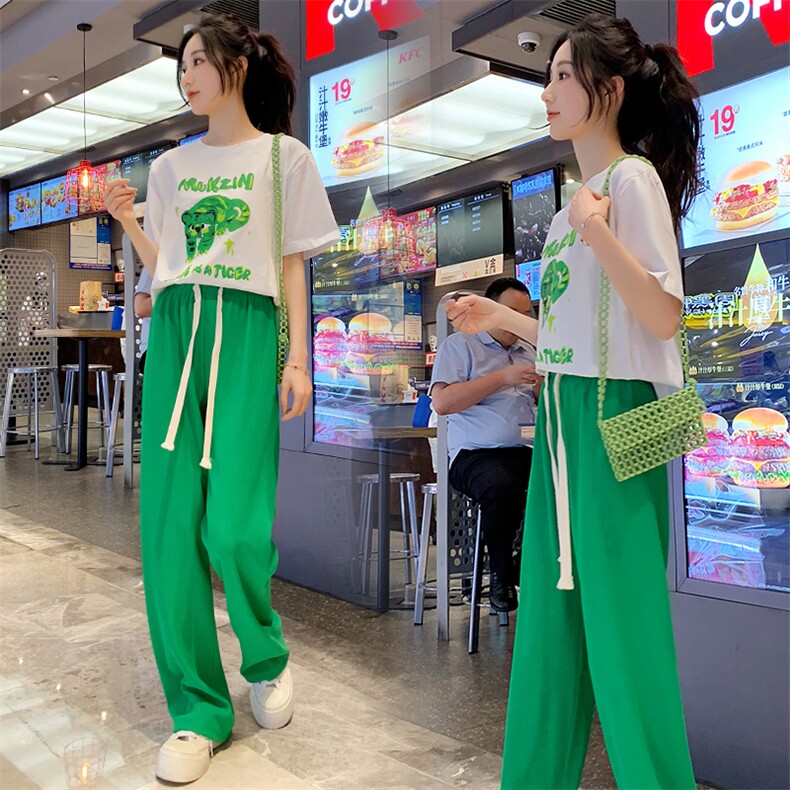 运动套装女时尚潮流舒适两件套2022年夏季韩版休闲白搭T恤阔腿裤，女装套装/套裙，梦懿尔