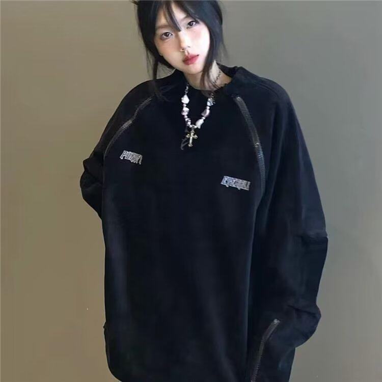 美式潮牌复古刺绣灯芯绒卫衣男女宽松圆领拉链设计感春秋上衣外套,女装短外套,星座1210-1