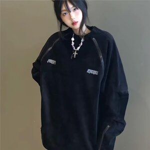 美式潮牌复古刺绣灯芯绒卫衣男女宽松圆领拉链设计感春秋上衣外套图片