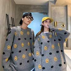 秋冬韩版笑脸情侣毛衣潮流宽松时尚灰套头针织衫男QT816-P68，男装针织衫/毛衣，星座1501