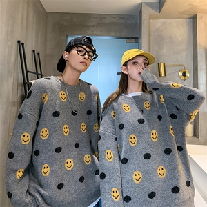 秋冬韩版笑脸情侣毛衣潮流宽松时尚灰套头针织衫男QT816-P68图片