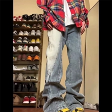 美式复古工装牛仔裤男春秋直筒vibe高街微喇cleanfit裤子痞帅潮牌，男装牛仔裤，星座506A