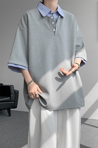8XL-M假两件衬衫领短袖T恤大码夏季条纹拼接polo衫半袖DX1211/P45图片