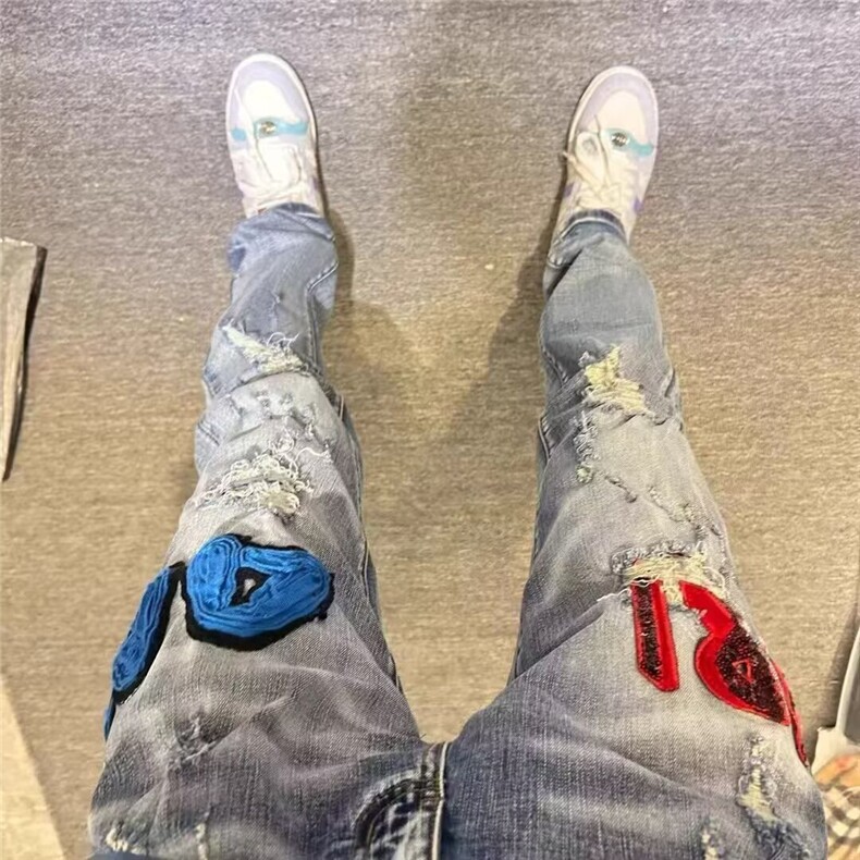 眼镜蛇刺绣破洞复古牛仔裤男款轻奢修身小脚弹力休闲双拼色长裤子,男装牛仔裤,星座506A