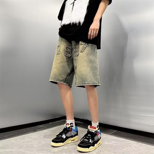 牛仔短裤男款夏季美式复古高街五分裤潮牌图片