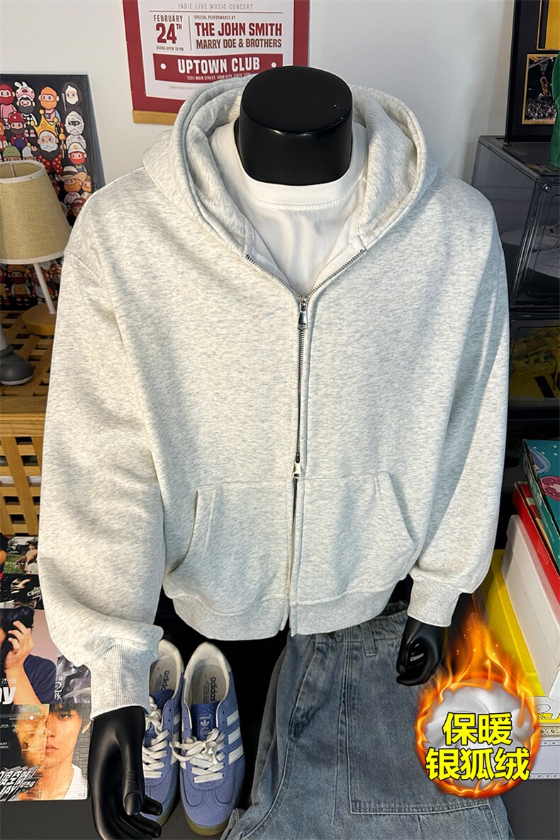 480g重磅保暖加绒银狐绒双拉链连帽卫衣外套男W24581J加绒-特P40,男装棉衣,电商A001-1