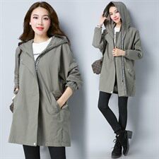 长袖中长款直筒2024年秋季拉链连帽时尚百搭纯色风衣，女装风衣，江忆布依