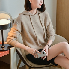 女士纯色秋季新款时尚显瘦双线四平连帽羊毛衫，女装羊毛衫，宋氏羊绒