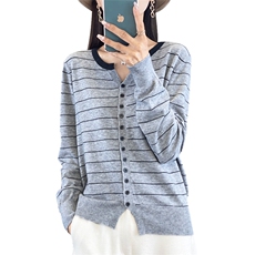 2024秋装新款简约时尚显瘦女士针织条纹打底上衣潮，女装针织衫/毛衣，伊美侕