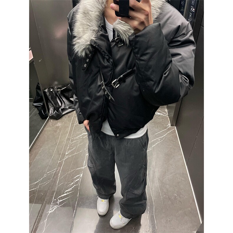 冬季新款黑色毛领夹克棉服男高街皮扣设计感棉衣美式潮牌百搭外套,男装夹克,四季星座505