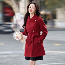 新款2025年冬季双旦新年主推款收腰中长款气质设计感毛呢外套，女装毛呢外套，乐吉娜