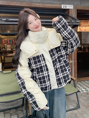时尚黑白格子拼接连帽加厚短款羽绒服女2024冬新款学院风显瘦外套，女装羽绒服，橙子家