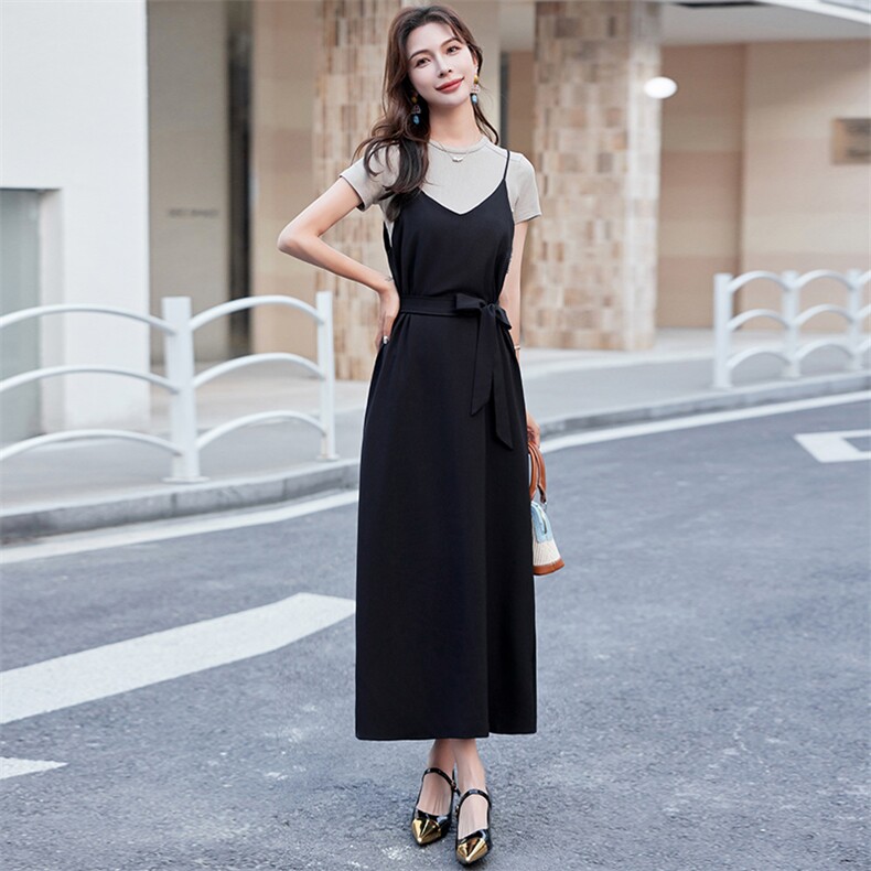 时尚直筒连衣裙套装女夏季小个子2024年新款t恤两件套高级感显瘦,女装连衣裙,浙宝029