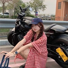 多巴胺红色格子短袖衬衫女夏季2025休闲宽松中长外穿防晒衬衣上衣，男装衬衫，星座1210-1