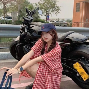 多巴胺红色格子短袖衬衫女夏季2025休闲宽松中长外穿防晒衬衣上衣,男装衬衫,星座1210-1