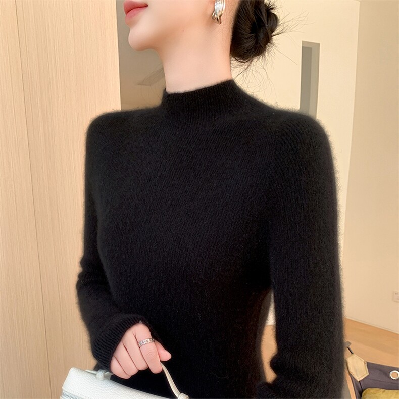 无缝半高领针织打底衫女2025新款保暖内搭修身加厚精纺毛长袖毛衣,女装羊绒衫,百越羊绒