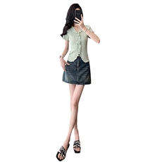 时尚气质套装女夏季新款修身显瘦立体花朵短袖上衣牛仔短裙两件套，女装套装/套裙，江南