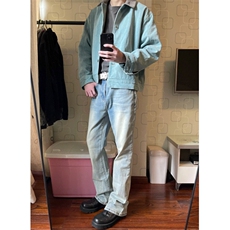 美式cleanfit孔雀绿外套男款春秋高级感炒盐水洗短款翻领工装夹克，男装夹克，星座813-2