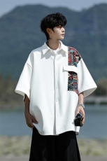 8XL-M民族风拼接短袖衬衫男夏季痞帅半袖衬衣薄款外套DC28009P45，男装衬衫，电商B312
