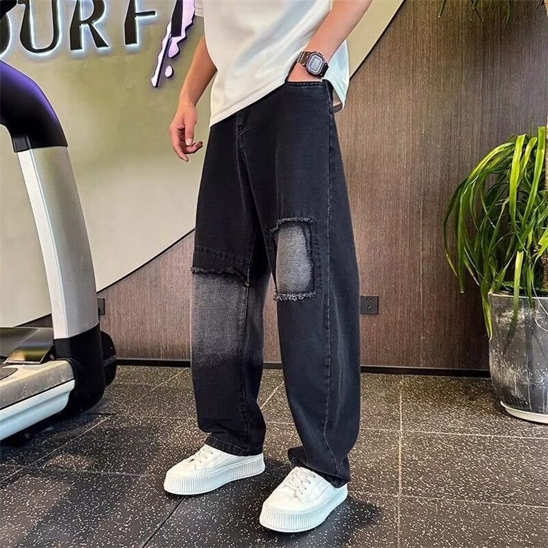 秋冬季美式重磅复古做旧破洞贴布黑色牛仔裤男直筒宽松锥形裤子,男装牛仔裤,四季星座505