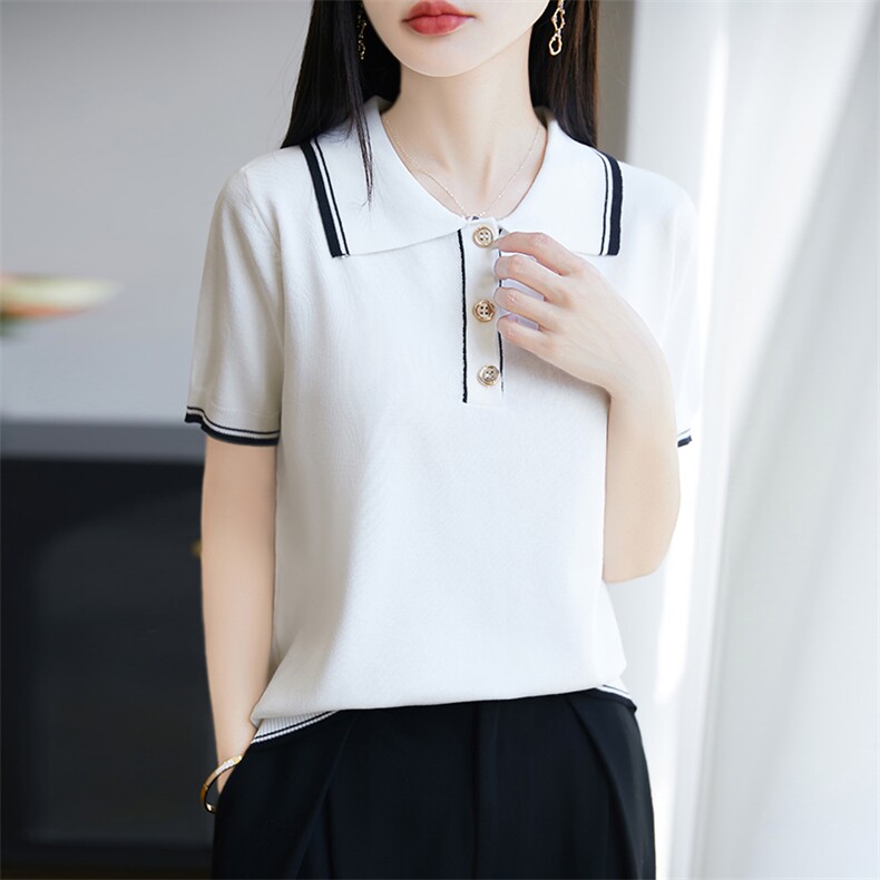 polo领拼色短袖2025夏季新款减龄t恤女士洋气别致上衣服,女装T恤,广悦羊绒