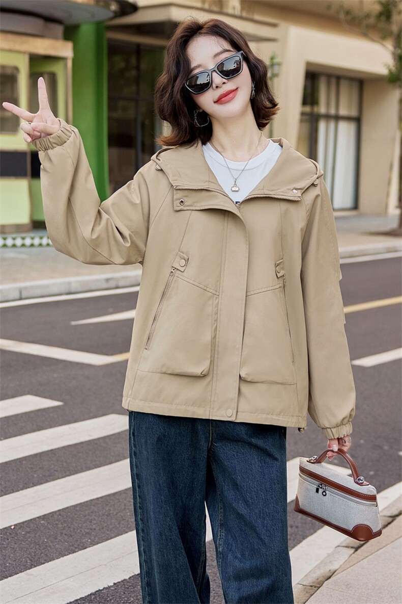 时尚宽松小个子休闲夹克外套女2024春秋新款百搭连帽女士短款风衣,女装短外套,以桐