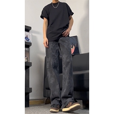 抖音品质美式高街oversize设计感蛇纹迷彩水洗弯刀裤，男装牛仔裤，星座310A-4