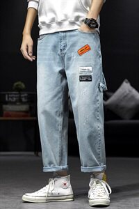2021春秋季新日系大码男美式直筒布标九分破洞牛仔裤N8001-P45图片