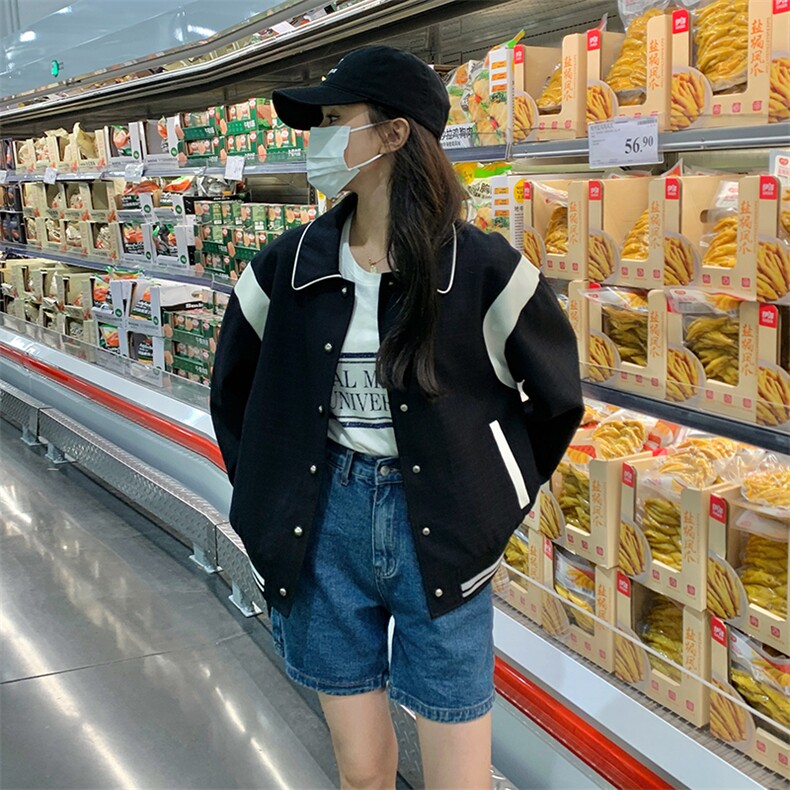 学院风撞色拼接小个子短外套女秋新款美式运动服棒球服夹克外套潮,女装短外套,一九零