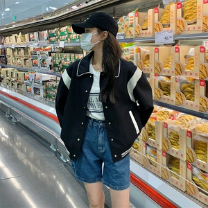 学院风撞色拼接小个子短外套女秋新款美式运动服棒球服夹克外套潮图片