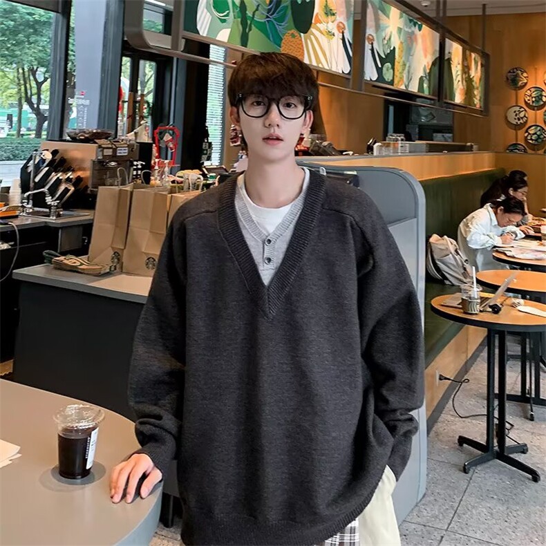 秋装套头针织衫男装高级感纯色V领假两件毛衣男士秋冬外套上衣图片