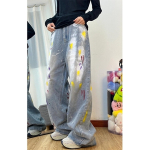 复古漆点涂鸦牛仔裤女高腰直筒阔腿裤休闲百搭工装裤 NK8095图片