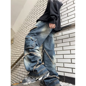 欧美重工高街牛仔裤男女嘻哈设计感宽松复古阔腿工装裤DN814-p62图片