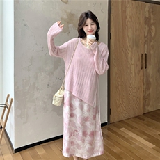 2026春季新款温柔风粉色系带针织衫+碎花吊带裙两件套韩系显瘦，女装套装/套裙，艾米莉亚