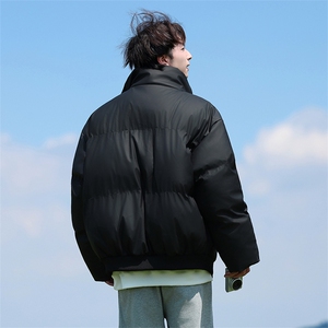 现货5W件冬季三防重磅硬挺boxy短款羽绒立领PU皮棉衣外套加厚棉服图片