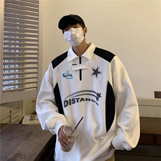 潮美式赛车服长袖t恤男款高街嘻哈潮牌拼接半拉链polo翻领卫衣，男装T恤，星座1210-1