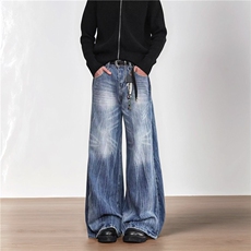 水洗闪电纹牛仔裤男款春秋季美式高街潮牌宽松休闲复古垂感拖地裤，男装牛仔裤，电商A306-2