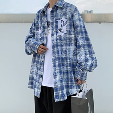 高街vibe风刺绣扎染格子衬衫男女潮复古小众宽松工装外套HC77-P43，男装衬衫，星座1008