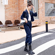 奢华品牌时髦牛仔套装女2025秋装新款小个子牛仔短外套长裤两件套，女装套装/套裙，意芙