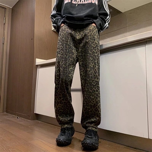 欧美高街vibe高腰豹纹裤子男冬美式窄版微喇叭直筒牛仔裤腰带潮牌图片
