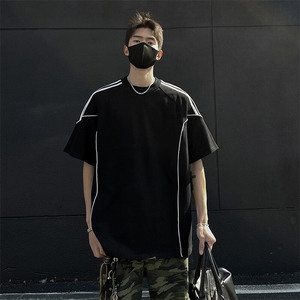 高品质二开240克宽松纯棉美式高街痞帅拼接织带短袖T恤 特P25图片