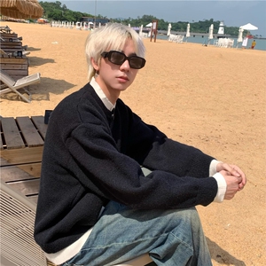 美式咖色假两件毛衣外套男女慵懒风情侣宽松复古纽扣开衫针织上衣图片