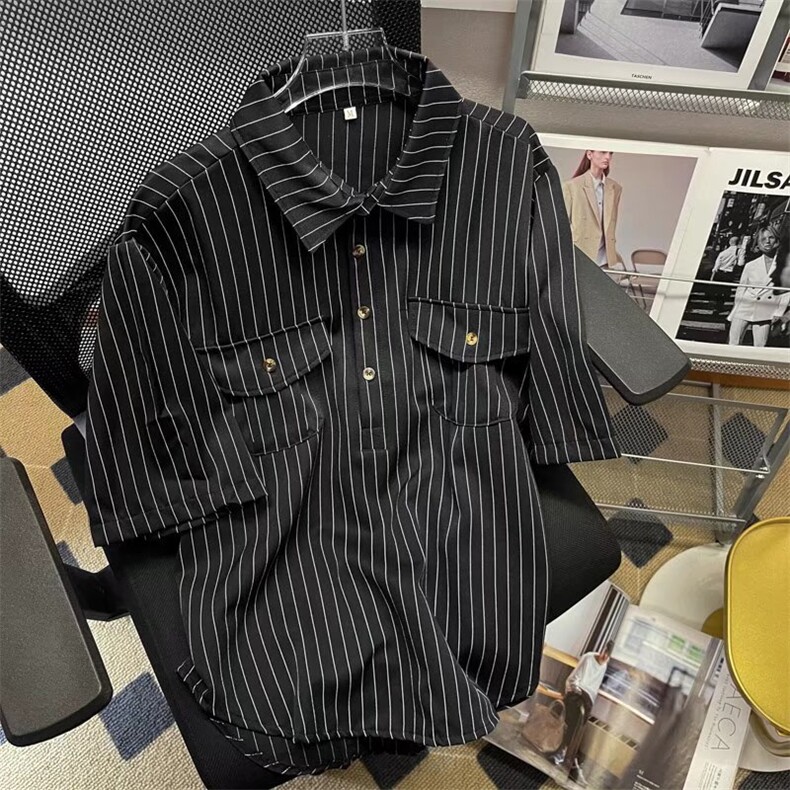 日系条纹衬衫男短袖T恤POLO衫ins痞帅HC22P38,男装衬衫,星座1116-2