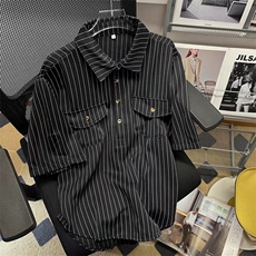日系条纹衬衫男短袖T恤POLO衫ins痞帅HC22P38，男装衬衫，星座1116-2