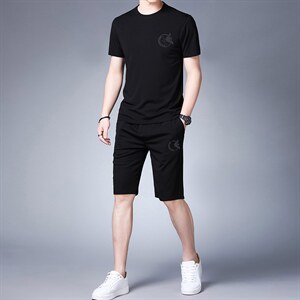 短袖套装男2023夏季新款中青年半袖T恤圆领印花长短裤三件套图片