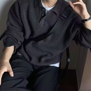 春秋季polo领毛衣男宽松潮流港风百搭长袖纯色翻领针织衫上衣外套图片
