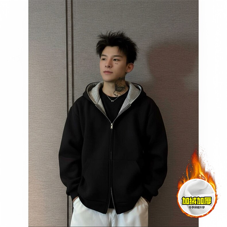 480G重磅加绒硬挺boxy男女秋冬美式高街双层双面卫衣开衫厚外套，女装短外套，电商A486