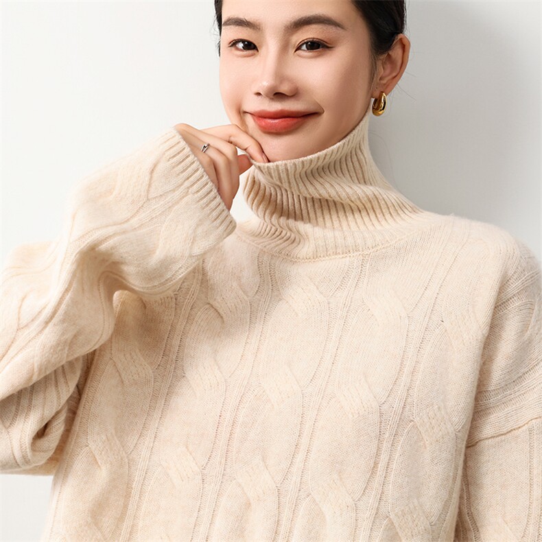 时尚百搭女纯澳毛大麻花高领羊毛衫显瘦保暖秋冬必备单品,女装羊毛衫,奢优羊绒