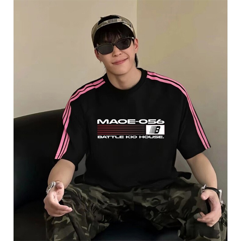 抖音得物品质二开240克宽松纯棉美式潮牌印花三条杠中性风短袖T恤，男装T恤，电商A486-1