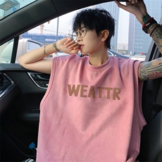 ！2025夏季新款男士无袖T恤字母印花麂皮绒背心TLBX22特P18，男装T恤，电商B220